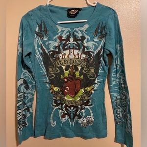 Women’s Turquoise Colored Harley Davidson Long Sleeve Tee Size Small
